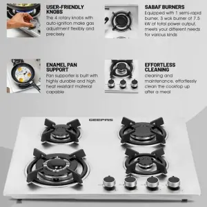 Geepas 4 Control Knobs Stainless Steel Gas Hob Sabaf Burners Cast Iron Pan Support Auto-Ignition Low Gas Consumption -Multi (1 YR WRNTY)